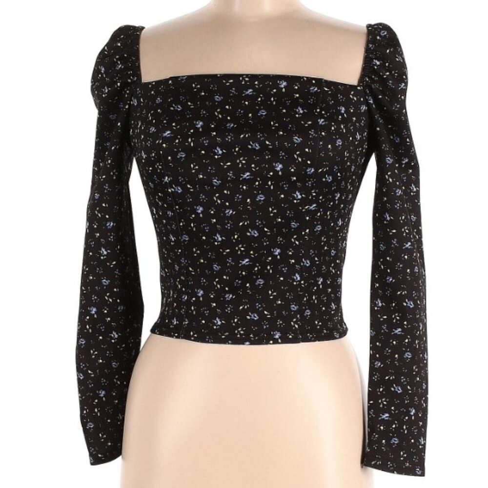 Black ASOS Blouse with Blue & White Floral Pattern - Size 6